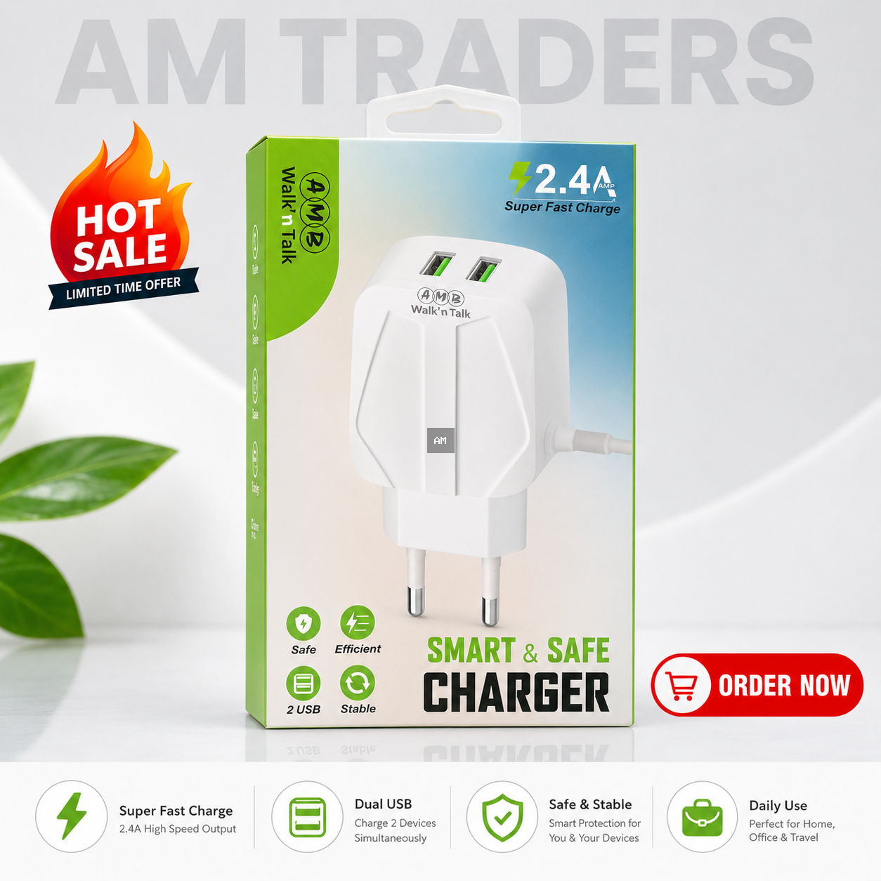 AMB Walk’n Talk 2.4A Dual USB Charger – Smart & Safe