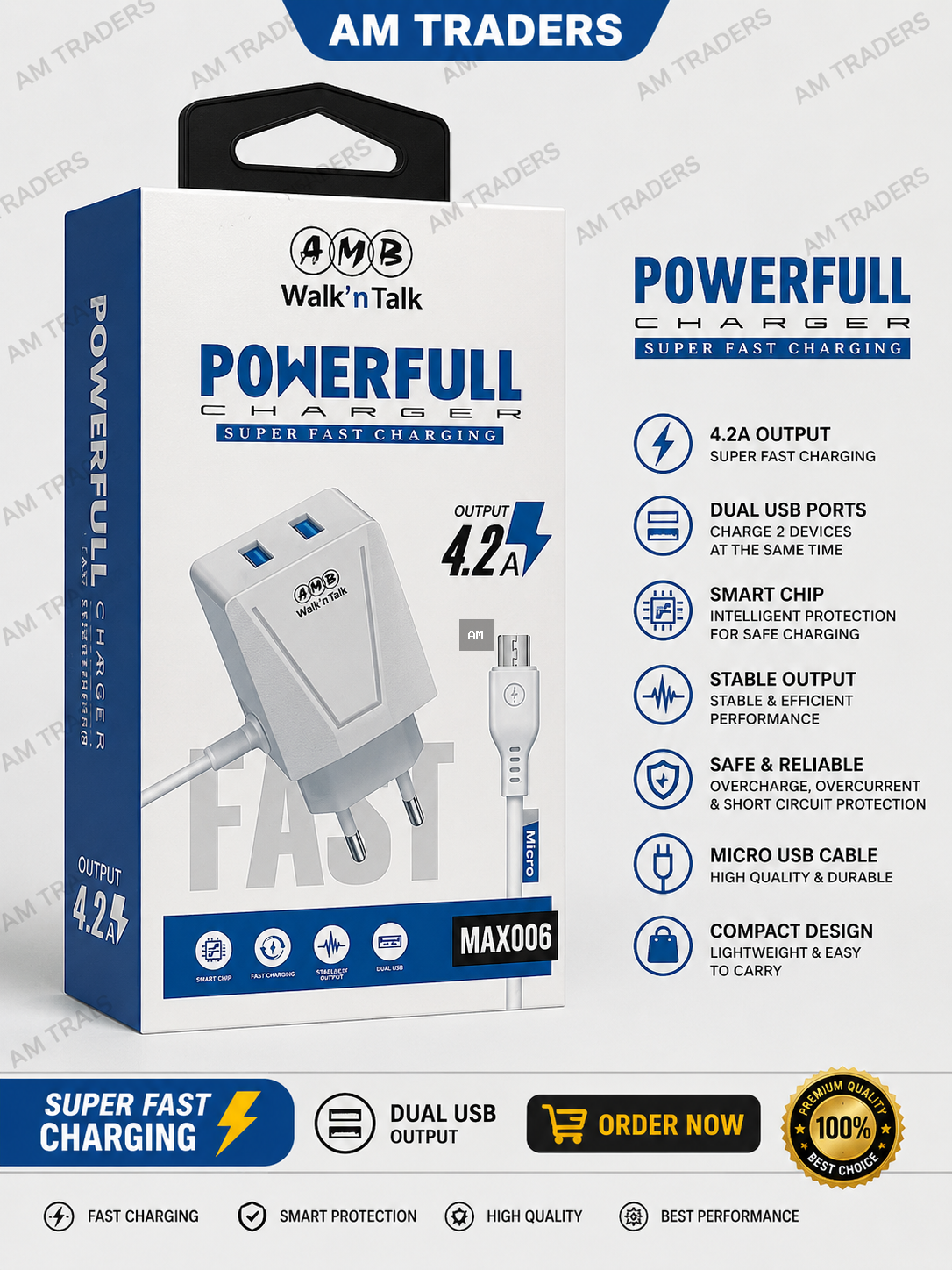 AMB Walk’n Talk MAX006 4.2A Powerful Charger – Dual USB Super Fast Charging Adapter with C Tape USB Cable
