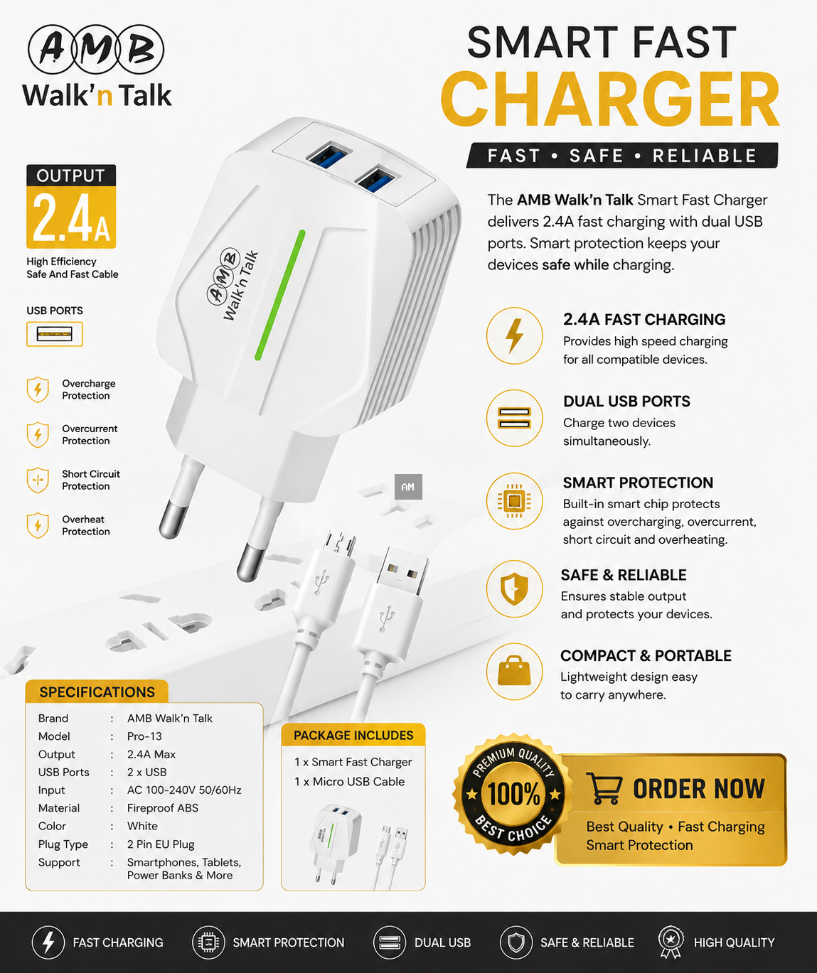 AMB Walk’n Talk Pro-13 2.4A Smart Fast Charger – Dual USB Wall Charger with Micro USB Cable