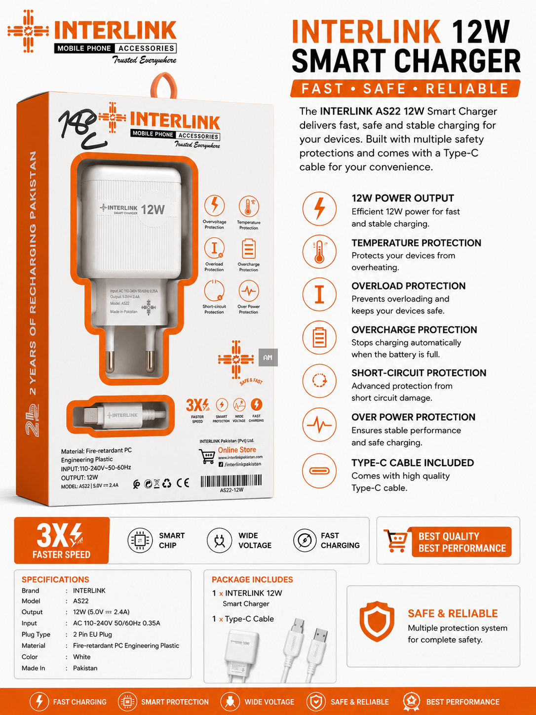 INTERLINK AS22 12W Smart Charger – Fast & Safe Type-C Charging Adapter with Cable
