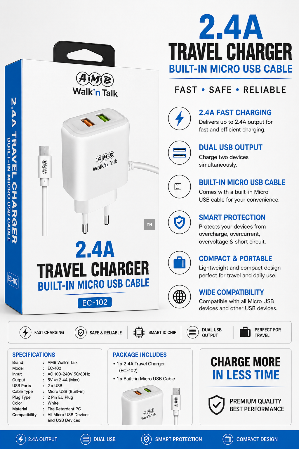 AMB Walk’n Talk EC-102 2.4A Travel Charger – Dual USB Fast Charger with Built-in Micro USB Cable