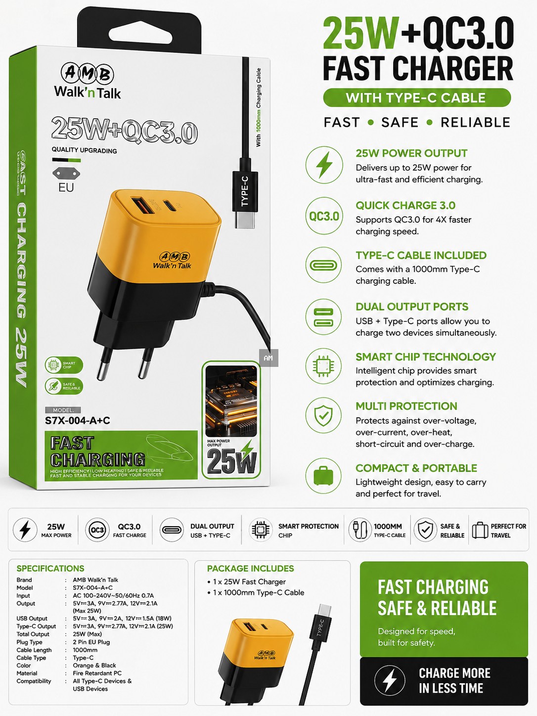AMB Walk’n Talk S7X-004-A+C 25W QC3.0 Fast Charger – USB + Type-C Charger with Type-C Cable