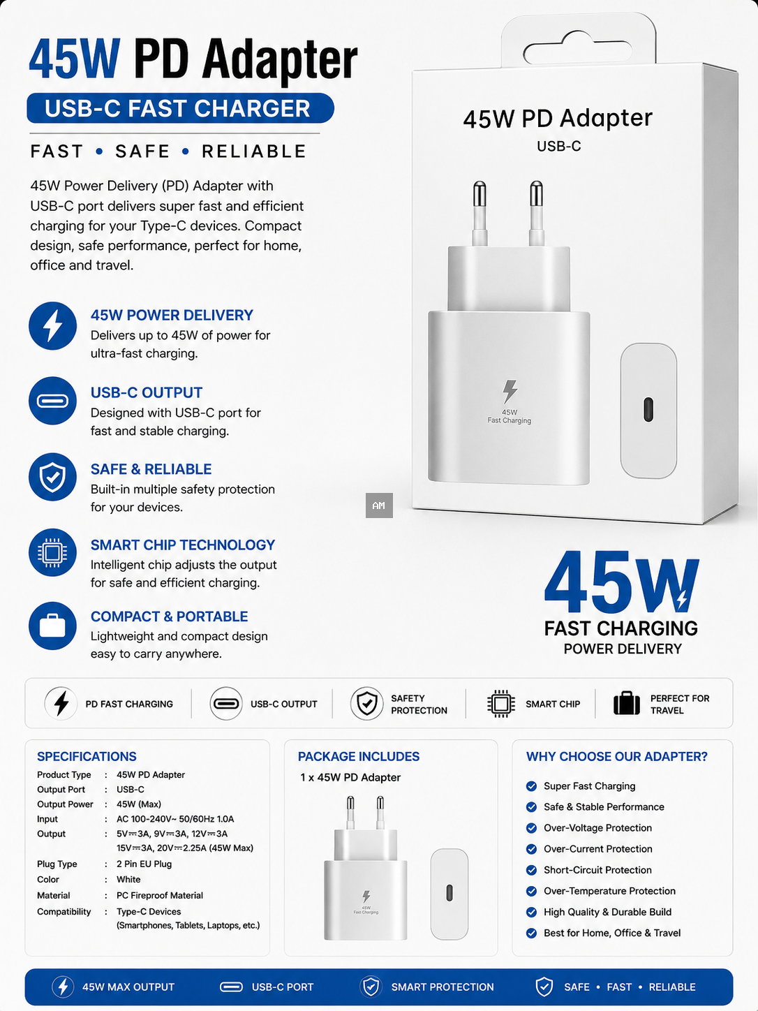 45W PD Adapter USB-C Fast Charger – Power Delivery Type-C Charging Adapter