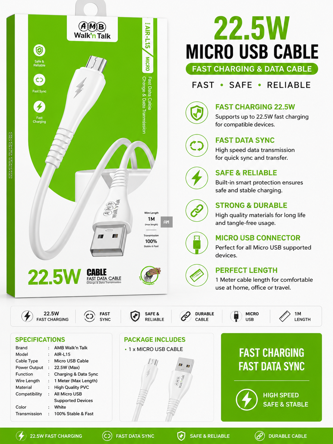 AMB Walk’n Talk AIR-L15 22.5W Micro USB Cable – Fast Charging & Data Sync Cable 1 Meter