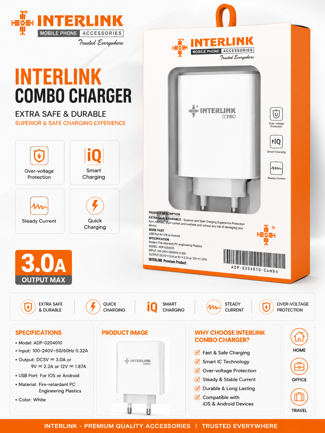 INTERLINK ADP-0204010 Combo Charger – 3.0A Fast Charging Adapter for iOS & Android