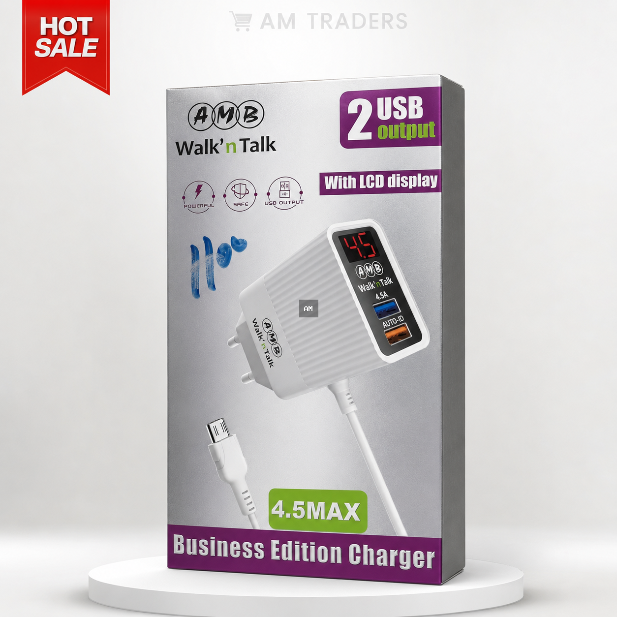 AMB Walk’n Talk Business Edition Charger – 4.5A Max Dual USB Charger with LCD Display & Micro USB Cable