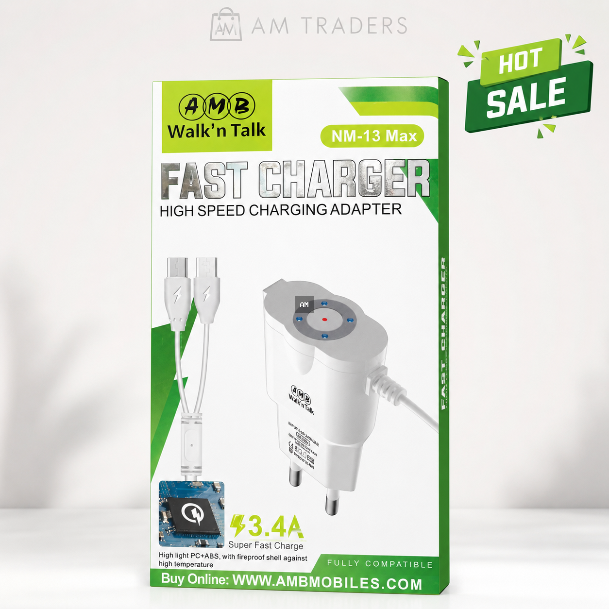 AMB Walk’n Talk NM-13 Max 3.4A Fast Charger – High Speed Charging Adapter with Dual Cable