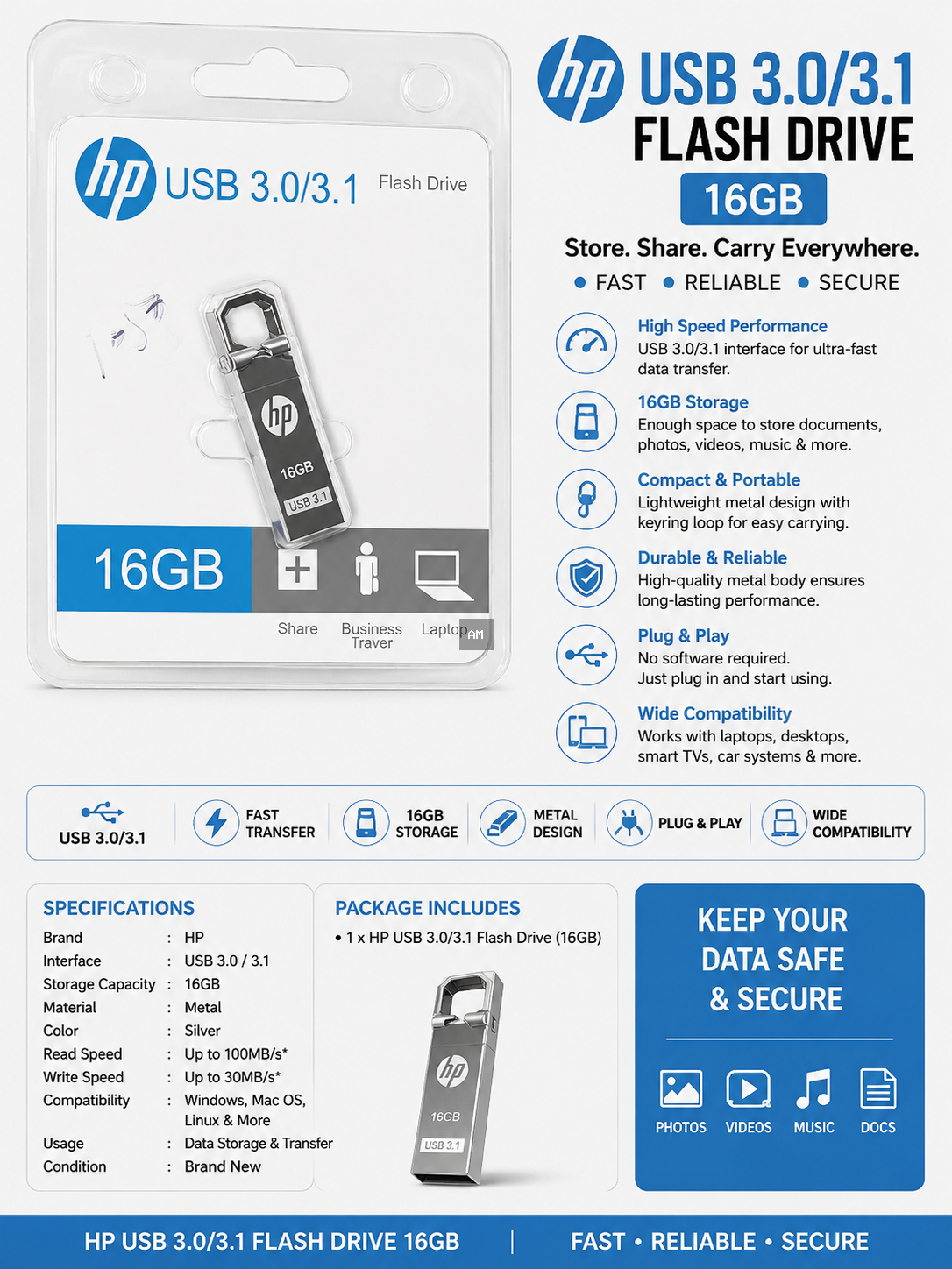 HP USB 3.0/3.1 Flash Drive 16GB – High Speed Metal USB Drive for Data Storage