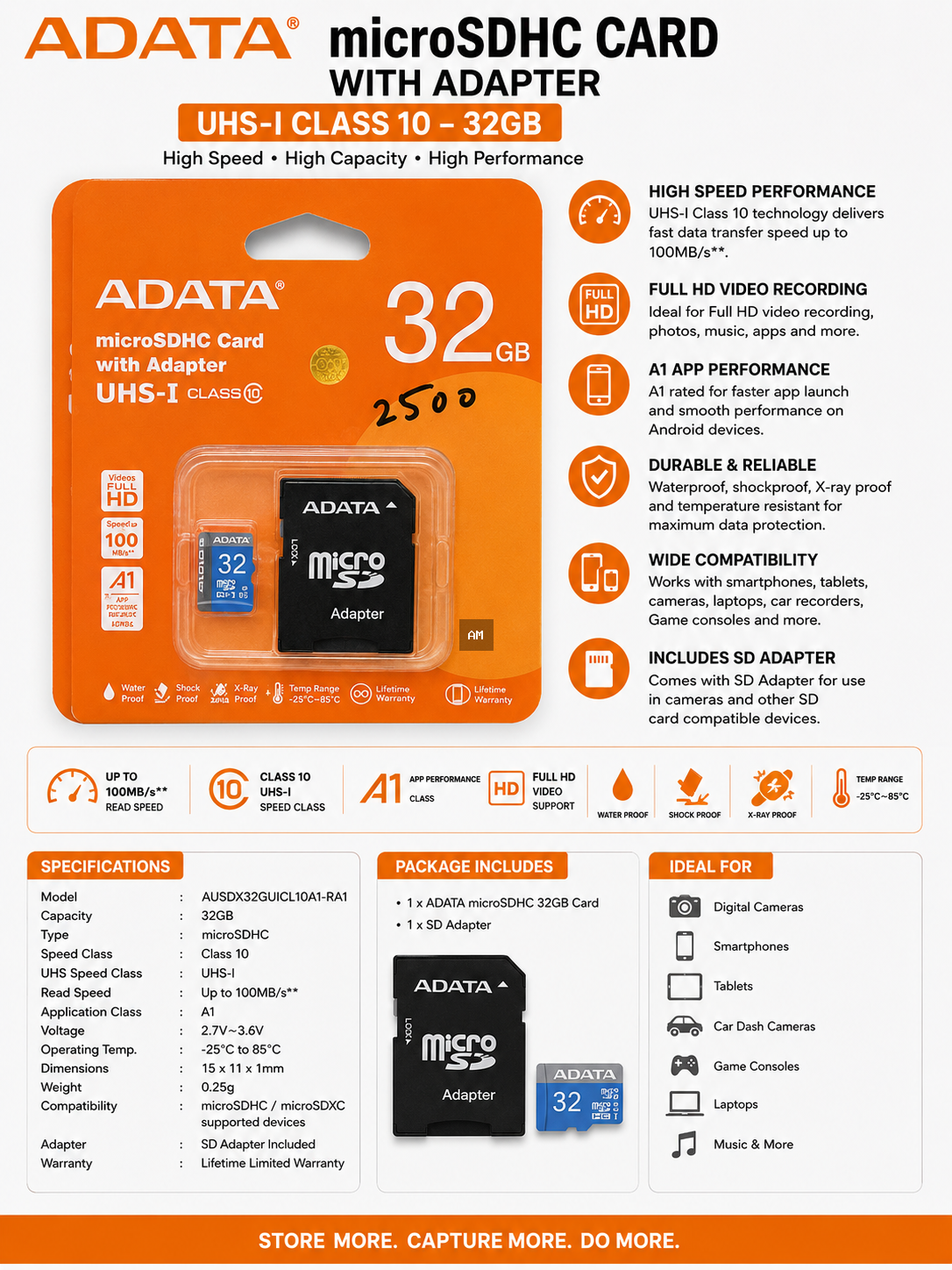 ADATA 32GB microSDHC Card with Adapter – UHS-I Class 10 Memory Card